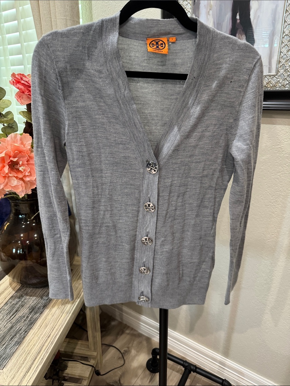 Tory Burch Light Gray V-Neck Logo Button Cardigan